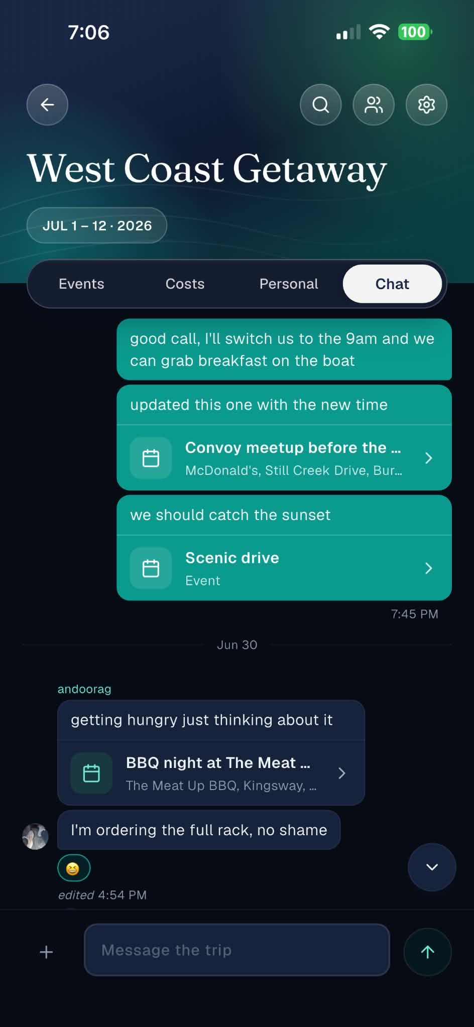 Atlas group chat with message reactions