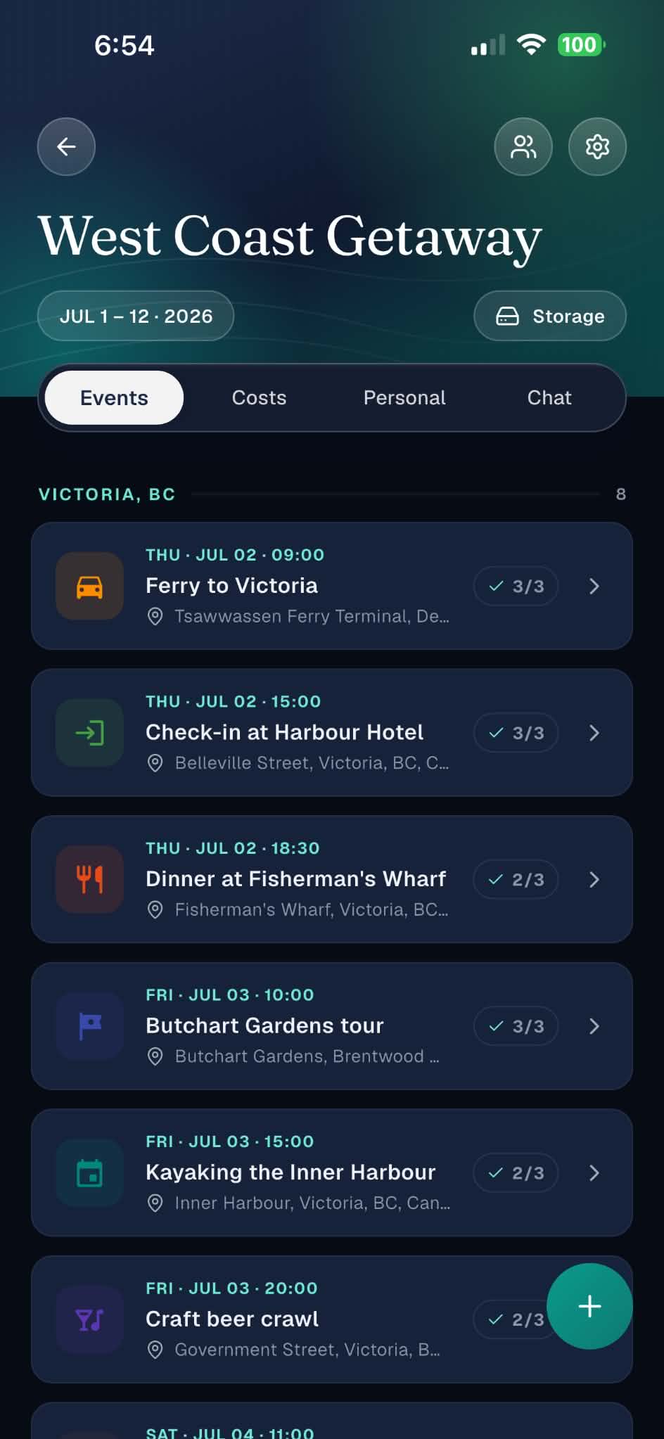 Atlas itinerary view with day-by-day events