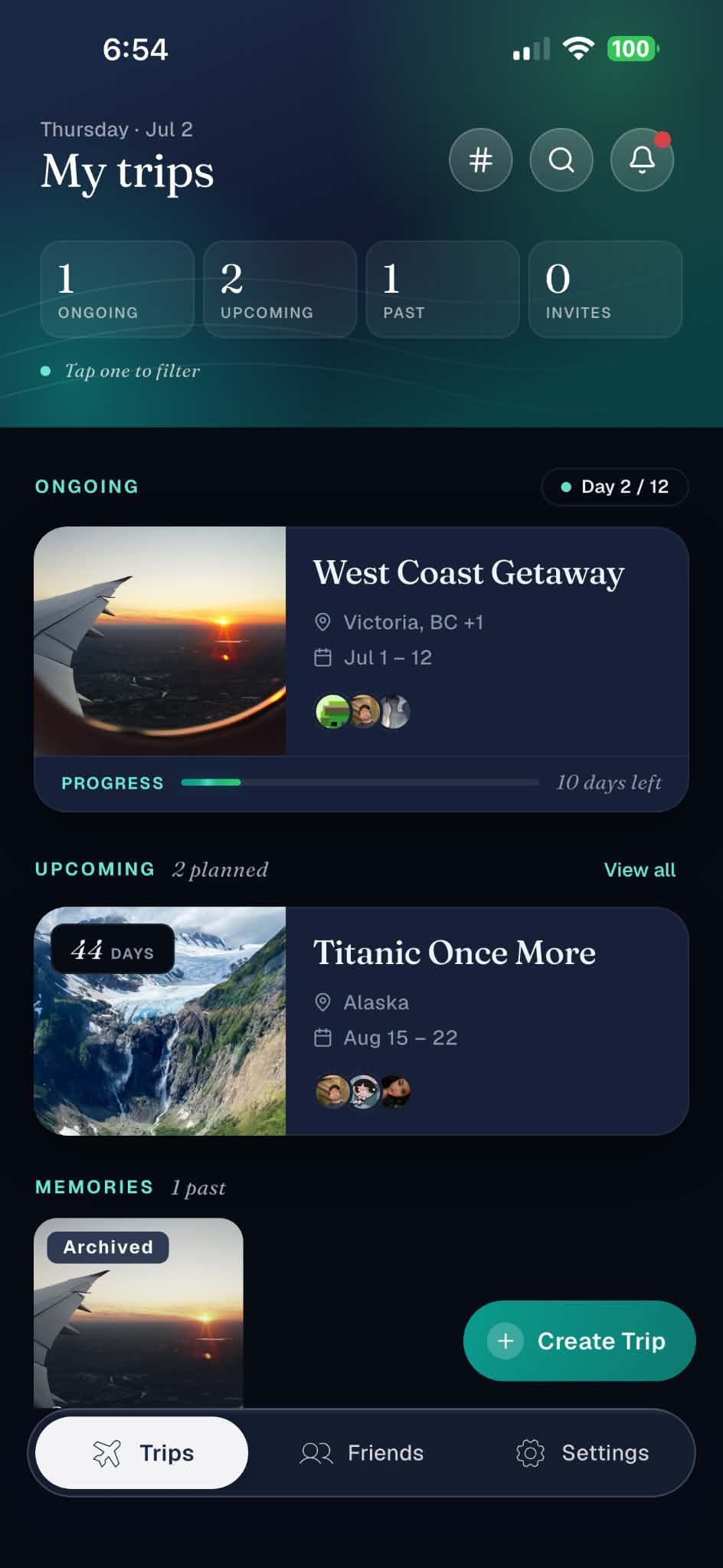 Atlas trip dashboard showing upcoming trips